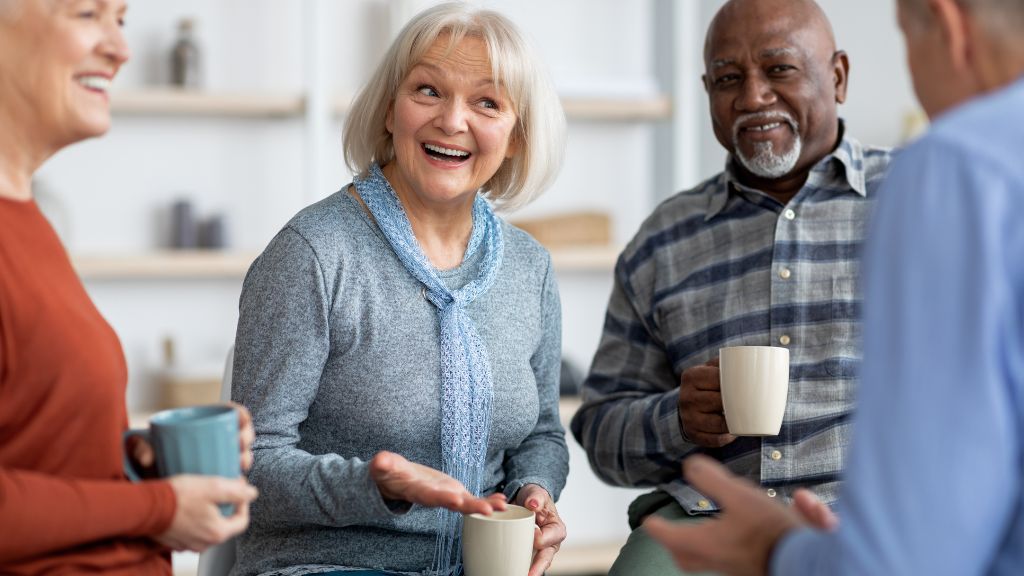 Group of old friends around a table with a coffees, talking and laughing
